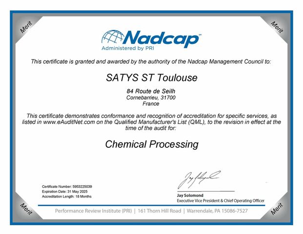 Renouvellement certification NADCAP « Chemical Processing »